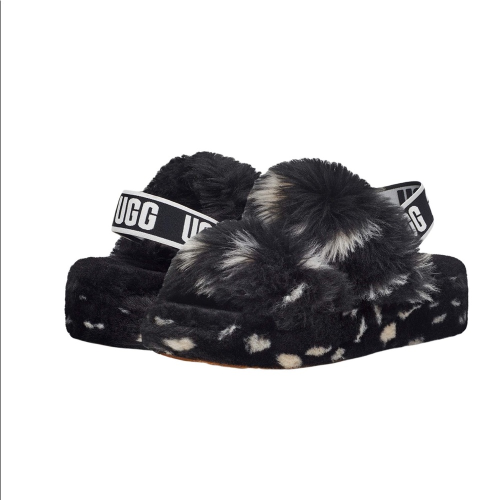UGG Black and White Fluffy Slippers
